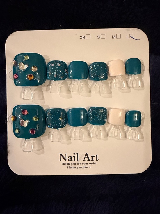 Other - Teal & White Gemstone handmade acrylic Press-On Toe Nails